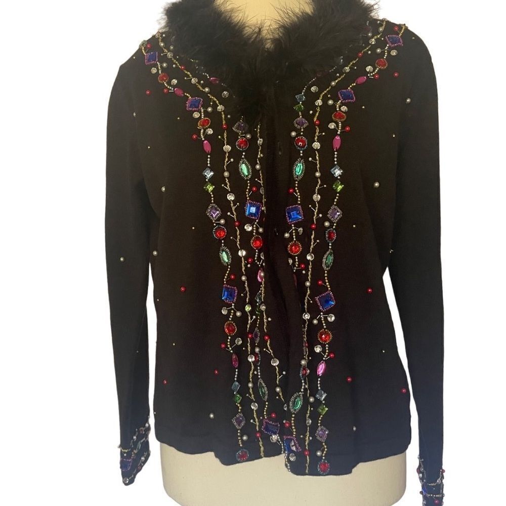 Jack B Quick vintage embellished button down black cardigan w/ faux fur collar - Picture 2 of 12